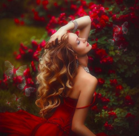 Girl In Red - pretty, Ethereal Red, ethereal, butterflies, stunning, gorgeous, red, vibrant, delicate, vivid, beautiful, lovely, colorful, green, etheral women, breathtaking, bright, bold