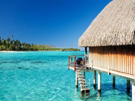 Water  bungalow - Ocean, Resort, Seascape, Vacation, Vac, Sea