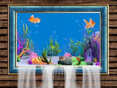 Aquarium Frame Waterfall - aquarium, blue, coral, fish, frame, nature, overflowing, room, underwater, water, waterfall