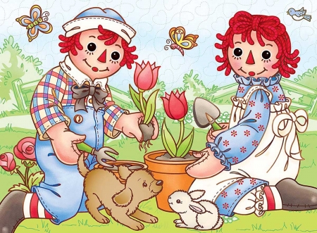 Planting Friends - butterflies, bunnies, picinic, andy, ann, raggedy