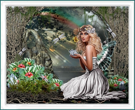 MYSTERY OF THE FAIRIES - dragonflies, dress, fairy, female, flowers, wings