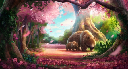 Spring - bear, fantasy, shusei sasaya, spring, pink, luminos