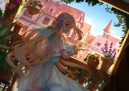 Lovely Elf - scenery, orginal, girl, blonde, elf, fantasy, cute, balcony, art