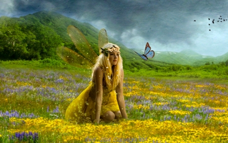 Fairy in Flowerfield - art, digital, fairy, fantasy, flowers, girl, pretty, wallpaper, woman, yellow