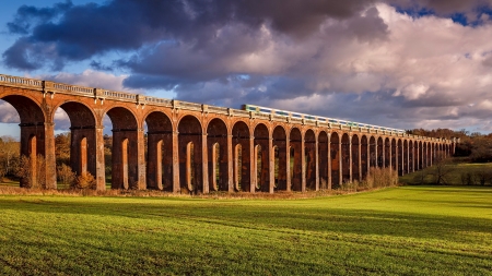 OLD BRIDGE - architecture, clouds, field, old satation, rail, stones, train station