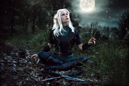 Magical Forest - Rayla, clouds, moon, trees, cosplay, night, forest, stars, horns, elf, netflix, sticks