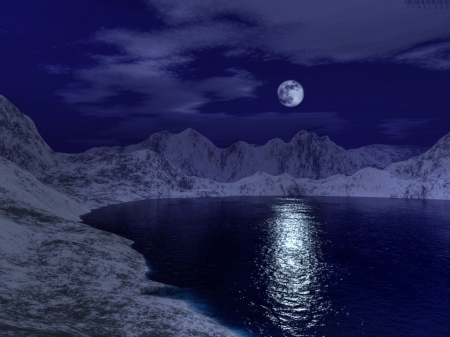 Moon Over Snowy Mountains - moon, mountains, sky, water