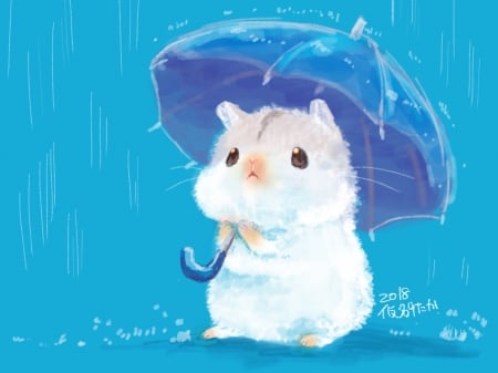 :-) - yutaka kana, anime, blue, hamster, manga, rodent, white, umbrella, rain