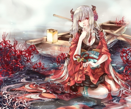 :-) - anime, boat, girl, kimono, flower, lantern, manga, red, hankillu, spider lily