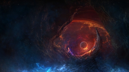 :-) - black, blue, cael gibran, cave, dark, fantasy, luminos, orange, planet