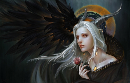 Demoness - wings, frumusete, art, horns, girl, hand, demon, rose, fantasy, flower, face, trandafir, luminos