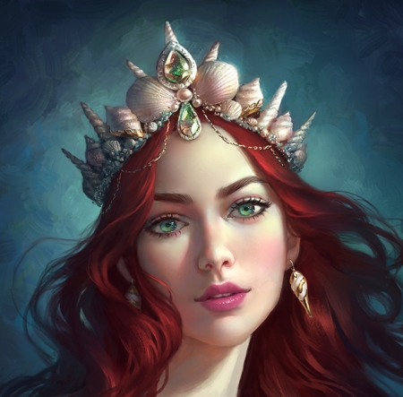 Mermaid - art, face, fantasy, frumusete, jewel, luminos, portrait, princess, redhead, rose, selenada, shell, siren