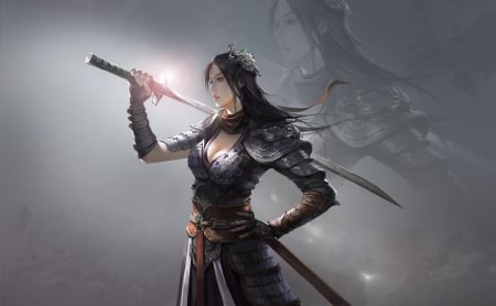 Warrior girl - armor, fantasy, warrior, girl, sword, wang yao, luminos