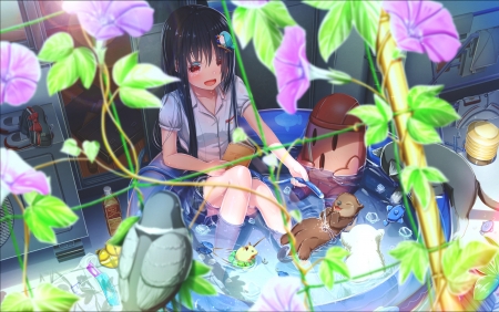 Summer fun - abo, animal, anime, blue, flower, fun, green, manga, moring glory, pink, summer, vara, water, watergirlanime, zorele