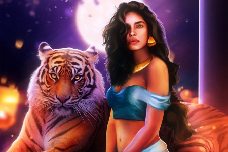 Jasmine - moon, jasmine, girl, orange, tiger, fantasy, purple, princess, tigru, luminos, luna, hosne qanadelo