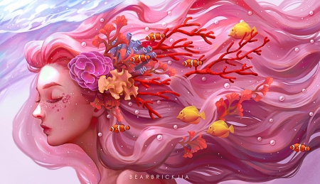 Mermaid - coral, fantasy, fish, girl, karmen loh, luminos, mermaid, pink, shell, siren, summer, vara