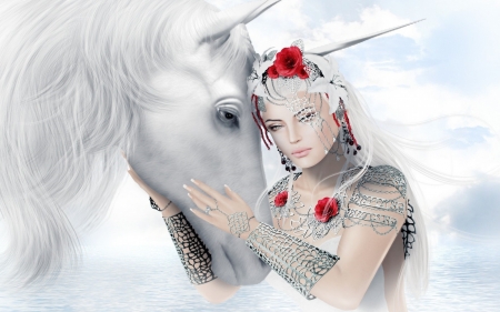 Girl - Girl, Flowers, Unicorn, Jewelry, Horse