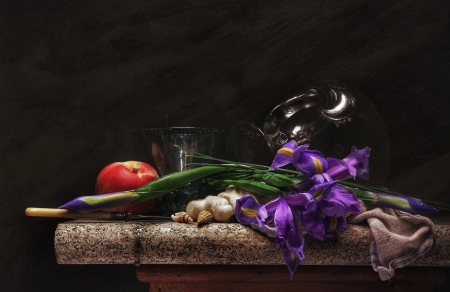 * - iris, knife, nectarine, shell