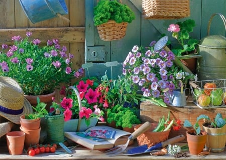 Garden Table - hat, pots, apples, Flowers, tomatoes, book, pears