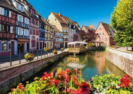 Colmar, France - flowers, town, canal, sky, restaurant