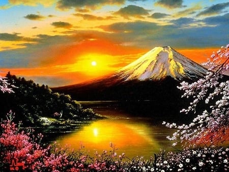 Sun set - volcana, flowers, clouds, sun set