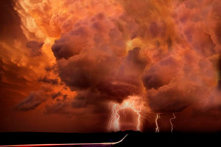 dark lightning - storm, clouds, lightening, stormy, intense, trail, nature, red, dark clouds, lightning, sky