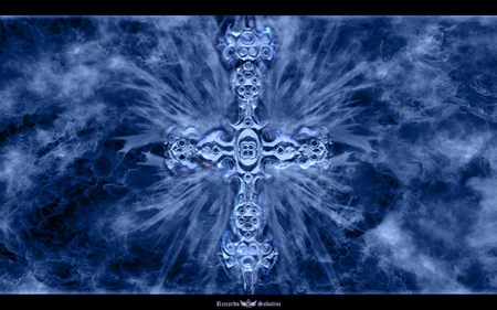 Cross In Frost - cross, richard sabatini design, evil design, flames, photoshop, hell landscape