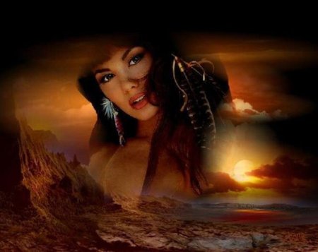 Native American Maidan - beauty, native american, indian, landscape, native, girl, mountains, sunset, fantasy, spirit, art, pocahontus, clouds, america, maiden