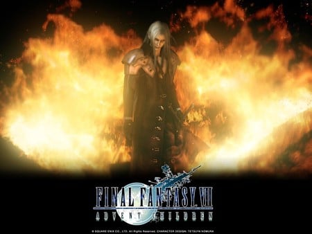 Sephiroth in Advent Children - flames, white hair