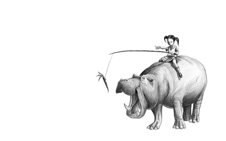 Girl on Rhino - girl, black and white, rhino, carrot