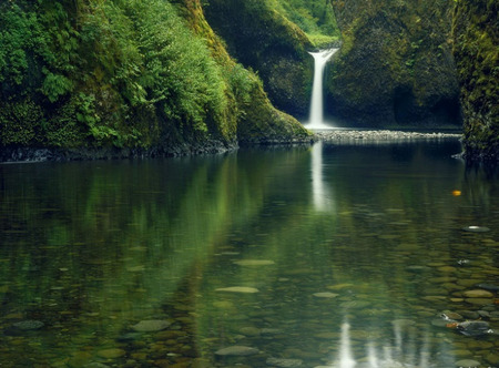 waterfall - falls, mountain, clear, waterfall, reflection, pebbles, green, rock, stones