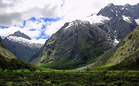 Mountain Wallpaper - trees, landscape, mountain, winter, now, forest, clouds, green, skies, rivers