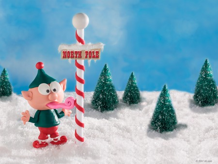 Tongue Tied - silly, elf, trees, frozen, pole, snow, northpole, tongue