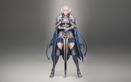 Fantasy girl - blue, sword, fantasy, game, knight, girl, bageumi
