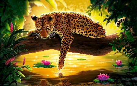 Down by the stream - leopard, water, pond, beautiful, stream, sunrise, rest, tree, lily, cat, sunset, down, art, wild