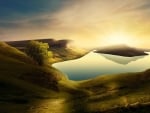 Sunlit Tarn Among Grassy Hills