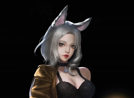 Foxgirl - black, fantasy, fox, allen hsieh, girl