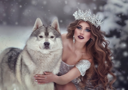 :-) - caine, dog, girl, husky, malamut, model, winter, woman
