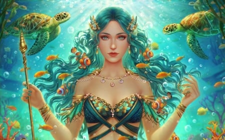 Mermaid - turtle, luminis, yellow, blue, midorisa, siren, goddess, mermaid, riikka sofia riekkinen, luminos, peste, girl, frumusete, fantasy, green, underwater, fish