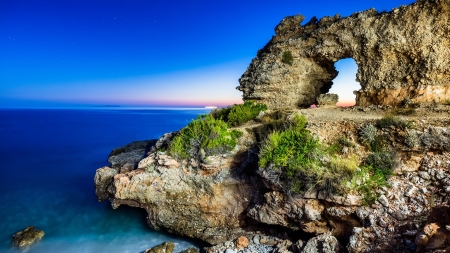 Unusual coastal rock formation - arch, blue, coast, formation, rocks, sea, sky, summer