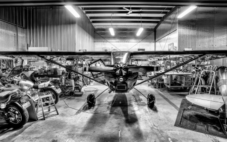 Ready for Takeoff - plane, hdr, motorbikes, black and white