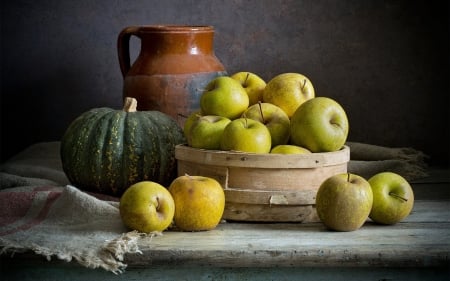 Still Life with Apples - basket, apples, wooden, pumpkin, still life, jug