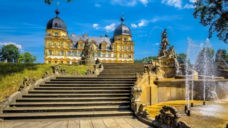 Memmelsdorf, Germany, Seehof Palace - stairs, building, castle, sculptures, fountains