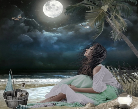 UNDER THE MOON - beach, clouds, female, moon, night, ocean