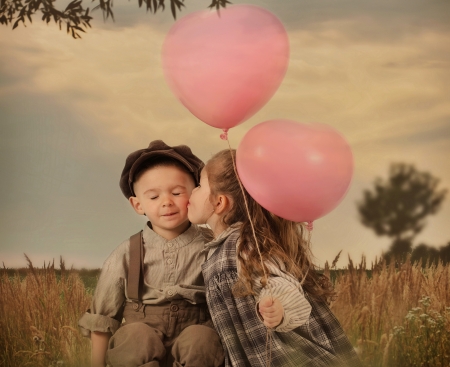 :-) - boy, balloon, girl, cute, little, couple, pink