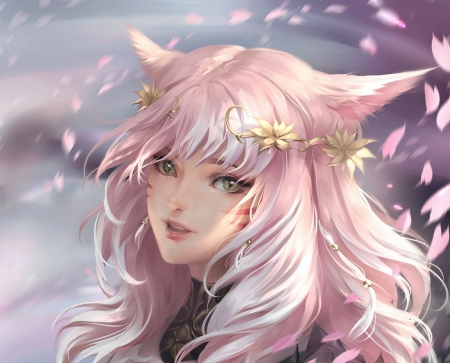 Fox girl - fantasy, chubymi, fox, girl, face, petals, pink, luminos