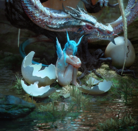 :-) - blue, girl, horns, creature, cg, elf, fantasy, white, dragon, egg, art, luminos