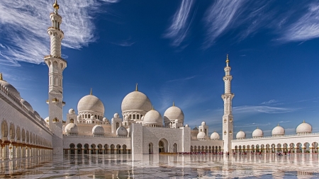 Grand Mosque Abu Dhabi - mosque, minarets, building, sky, domes, religion