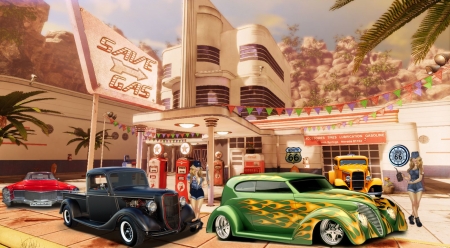 Waiting for Gas - cars, service, oldies, route 66, hot rod, art deco, collage