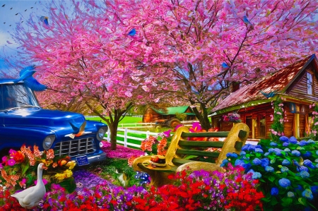 Home is Where the heart Is - bench, pick up, farm, goose, spring, painting, flowers, truck, blossom